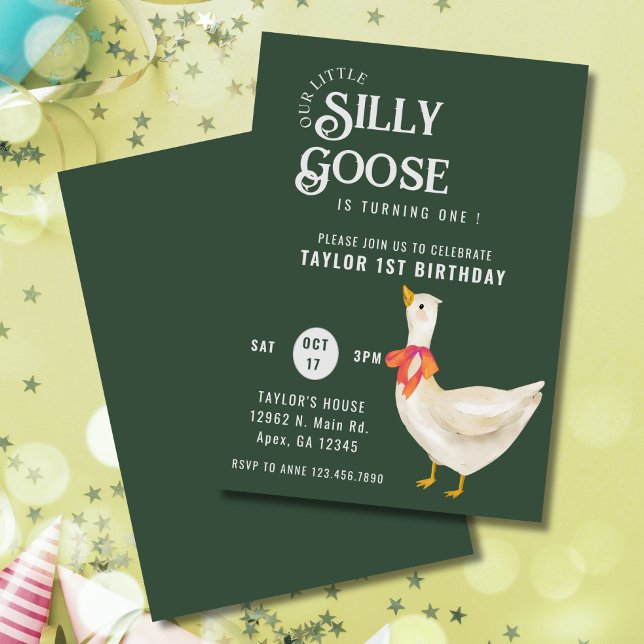 Minimalistisch 1. Alberne Gans Geburtstag Einladung (Minimalist “One Silly Goose” 1st birthday invite with dark green background and simple layout.)