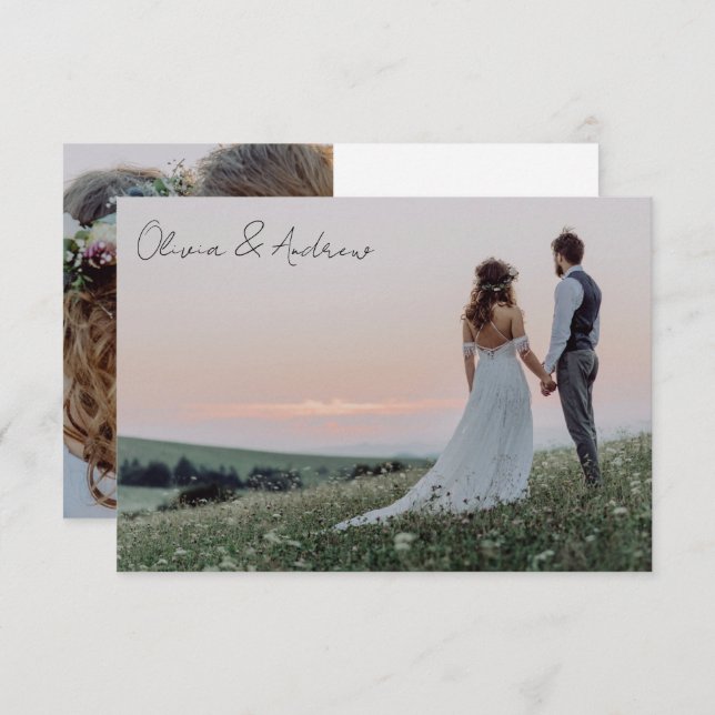 Minimalistisch 2-Foto-Hochzeitkalligrafie Dankeskarte (Vorne/Hinten)