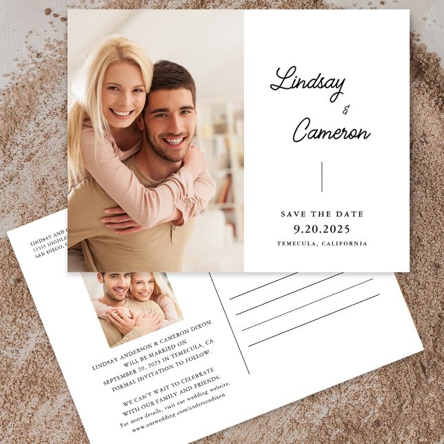 Minimalistisch 2 Foto Modernes Skript Save the Dat Postkarte (Von Creator hochgeladen)