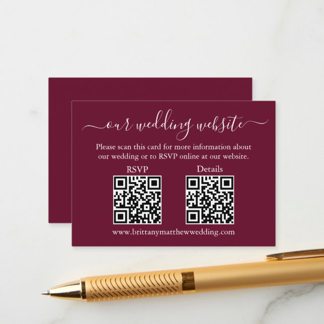 Minimalistisch 2 QR Hochzeit RSVP Details Burgund Begleitkarte (Vorderseite/Rückseite Beispiel)