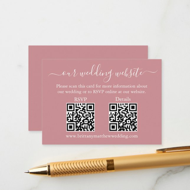 Minimalistisch 2 QR Hochzeit RSVP Details Dusty Ro Begleitkarte (Vorderseite/Rückseite Beispiel)