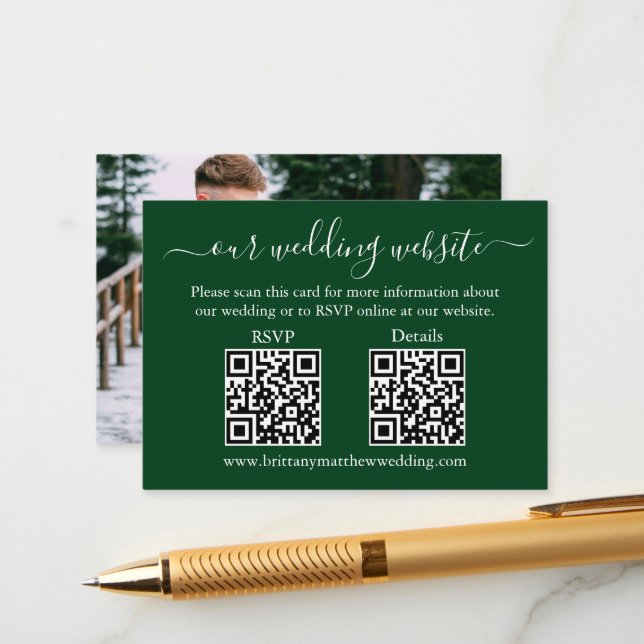 Minimalistisch 2 QR Hochzeit RSVP Details Foto Grü Begleitkarte (Vorderseite/Rückseite Beispiel)