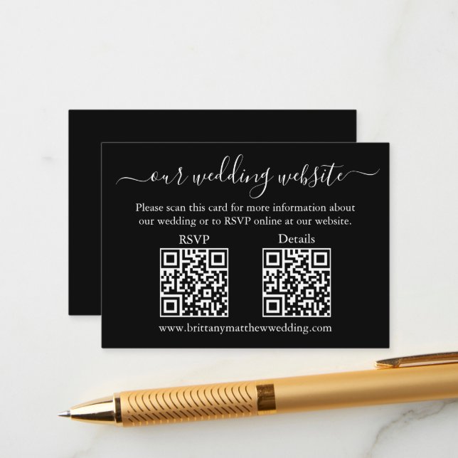 Minimalistisch 2 QR Hochzeit RSVP Details schwarz Begleitkarte (Vorderseite/Rückseite Beispiel)