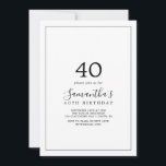 Minimalistisch 40. Geburtstag Einladung<br><div class="desc">Diese minimalistische 40. Geburtstagseinladung ist perfekt für eine einfache Geburtstagsfeier. Das moderne romantische Design besticht durch klassische schwarz-weiße Typografie gepaart mit einer rustikalen und eleganten Kalligraphie mit Vintagem handgeschriebenem Stil. Anpassbar in jeder Farbe. Behalt das Design einfach und elegant, wie es ist, oder personalisiere es durch Hinzufügen von eigenen Grafiken...</div>