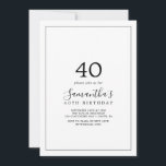 Minimalistisch 40. Geburtstag Einladung<br><div class="desc">Diese minimalistische 40. Geburtstagseinladung ist perfekt für eine einfache Geburtstagsfeier. Das moderne romantische Design besticht durch klassische schwarz-weiße Typografie gepaart mit einer rustikalen und eleganten Kalligraphie mit Vintagem handgeschriebenem Stil. Anpassbar in jeder Farbe. Behalt das Design einfach und elegant, wie es ist, oder personalisiere es durch Hinzufügen von eigenen Grafiken...</div>