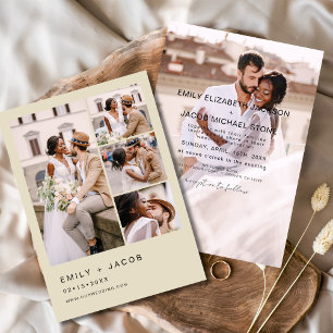 Minimalistisch 5 Foto Champagne Beige Hochzeit Einladung