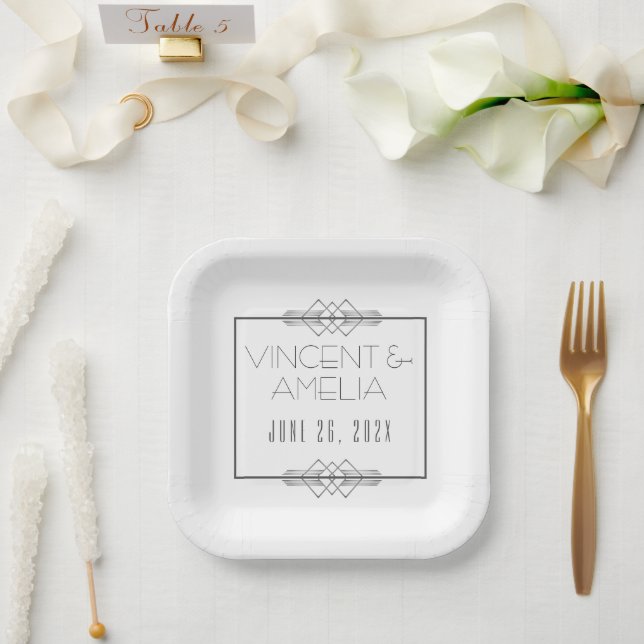 Minimalistisch Art Deco White Custom Wedding Pappteller (Hochzeit)