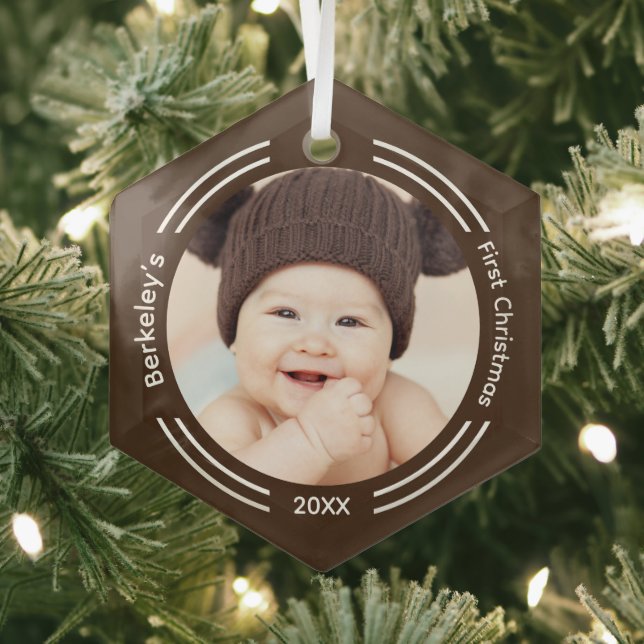 Minimalistisch Baby Foto Brown Erstes Weihnachtsfe Ornament Aus Glas (Insitu)