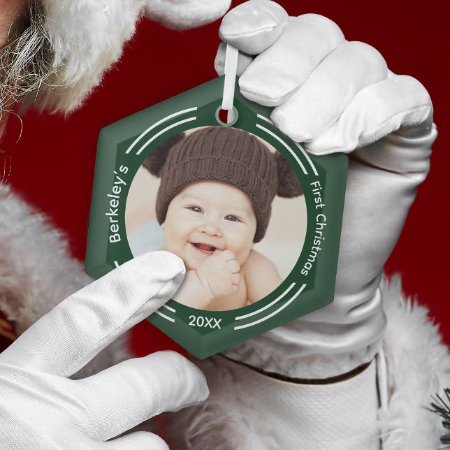 Minimalistisch Baby Foto Green Erste Weihnachtsfei Ornament Aus Glas (Get this photo keepsake ornament for your tree.)