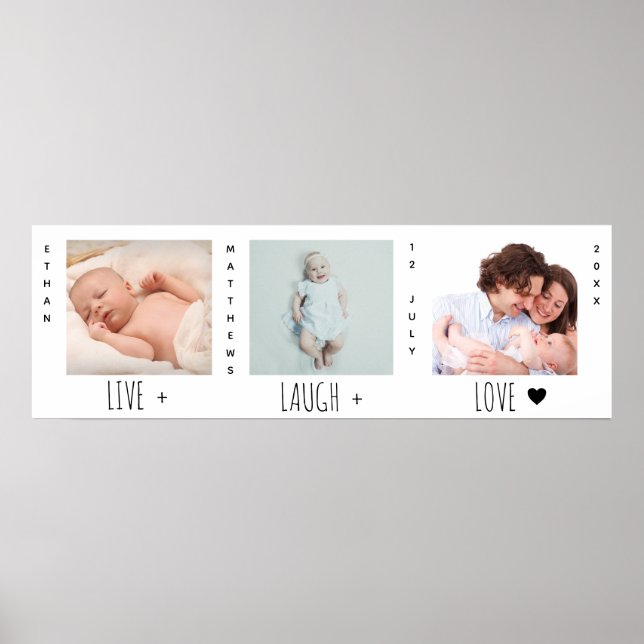 Minimalistisch Baby Foto Trio Birth Keepake Poster (Vorne)