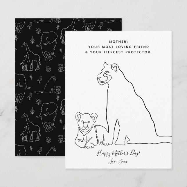 Minimalistisch Baby Lion Line Art Mother Day Card (Vorne/Hinten)