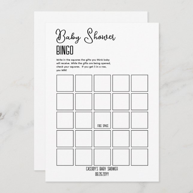 Minimalistisch Baby Shower Bingo Einladung (Vorne/Hinten)