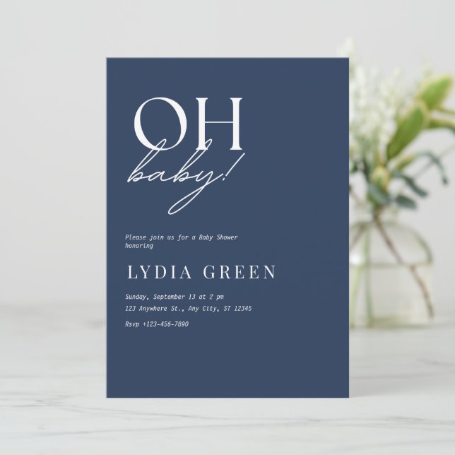 Minimalistisch Baby Shower Boho Blue Baby Dusche Einladung (Stehend Vorderseite)