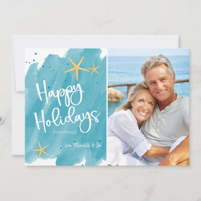 Minimalistisch Beach Watercolor Happy Holidays Car (Vorderseite)