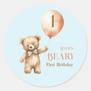 Minimalistisch Bear Blue Boy Beary 1. Geburtstag Runder Aufkleber