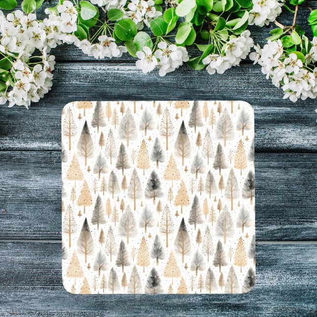 Minimalistisch Beige Skandinavien Glasuntersetzer (Minimalist Beige Nordic Folk Art Scandi Trees Glass Coaster)