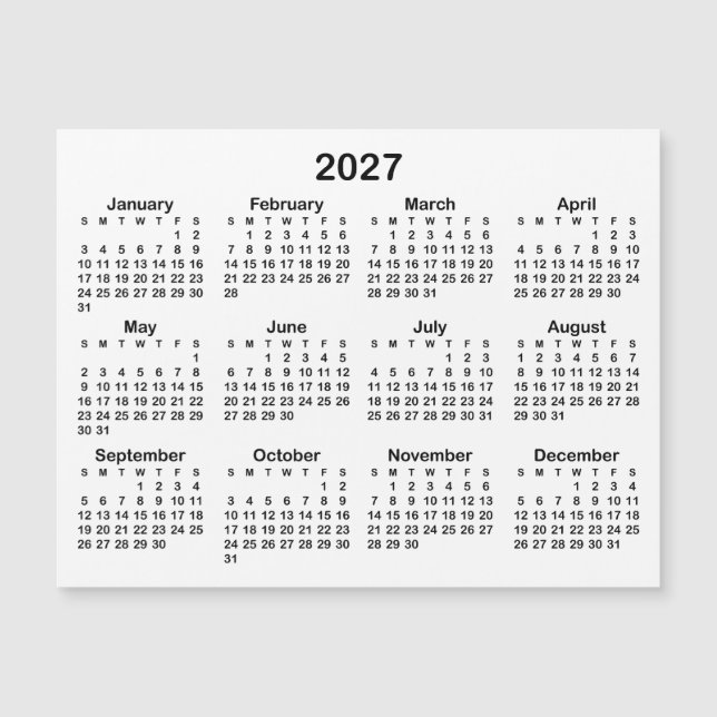 Minimalistisch Black 2027 Magnetic Calendar Magnetkarte (Vorderseite)
