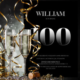 Minimalistisch Black and Silver 100. Geburtstagspa Einladung