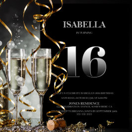 Minimalistisch Black and Silver 16. Geburtstagspar Einladung