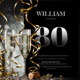 Minimalistisch Black and Silver 80. Geburtstagspar Einladung