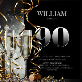 Minimalistisch Black and Silver 90. Geburtstagspar Einladung