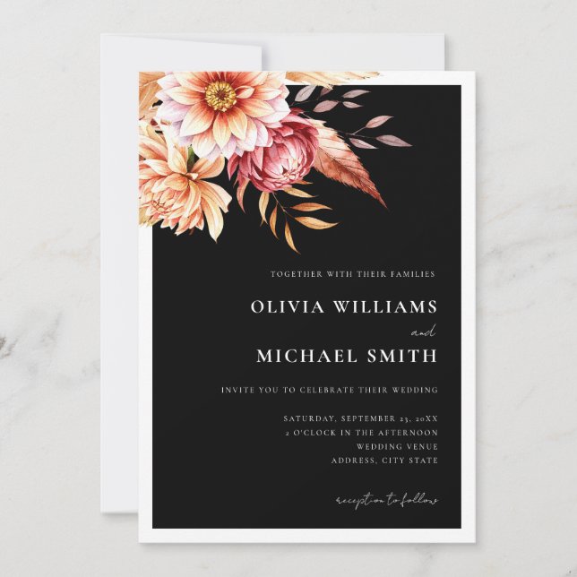 Minimalistisch Black Boho Floral Wedding Einladung (Vorderseite)