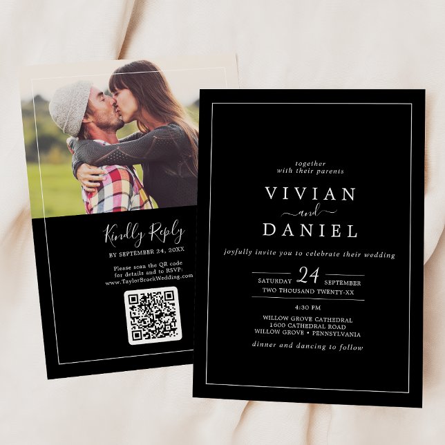 Minimalistisch | Black Foto QR Code Wedding Einladung (Von Creator hochgeladen)