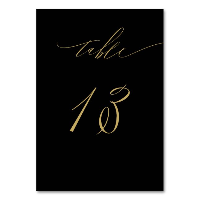 Minimalistisch Black Gold Elegant Script 13 Weddin Tischnummer (Vorderseite)