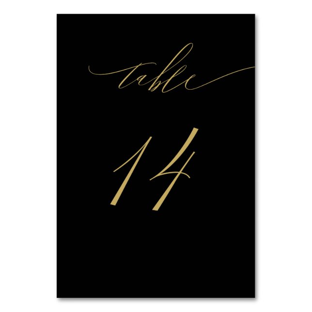 Minimalistisch Black Gold Elegant Script 14 Weddin Tischnummer (Vorderseite)