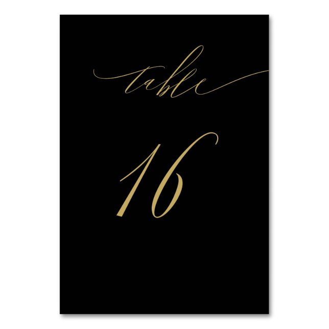 Minimalistisch Black Gold Elegant Script 16 Weddin Tischnummer (Vorderseite)