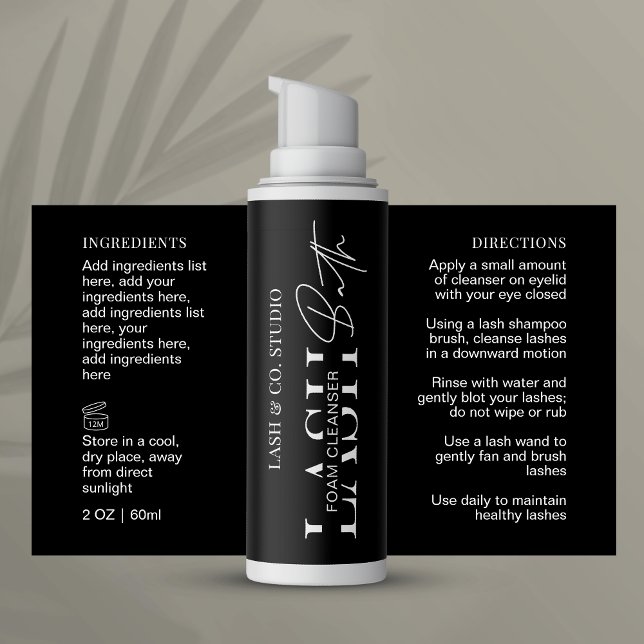 Minimalistisch Black Lash Foam Cleanser Wraparound Rechteckiger Aufkleber (Lash bath bottle wrap around label with ingredients and directions)