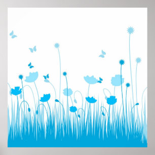 Minimalistisch Blau- und Weißblütenblüte Poster