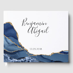 Minimalistisch Blue and Gold Agate Wedding Gästebuch