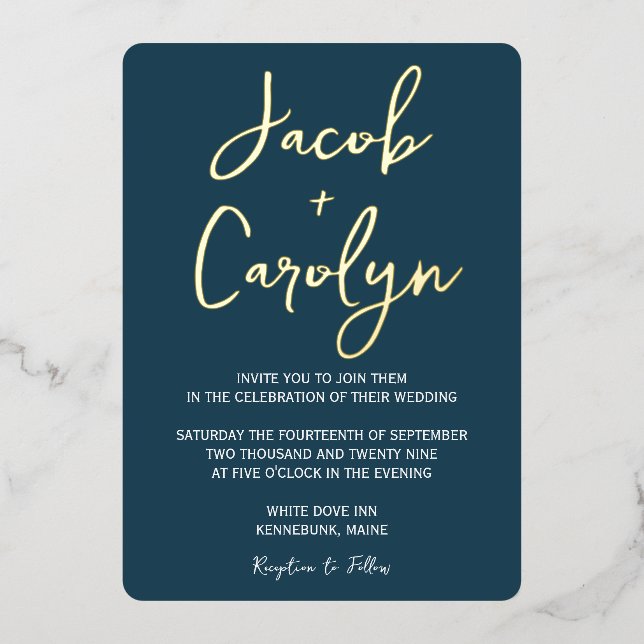 Minimalistisch Blue Aquamarin und Gold Wedding Folieneinladung (Vorderseite)