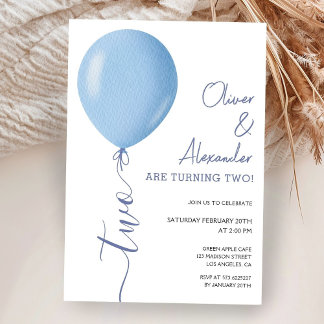 Minimalistisch Blue Balloon Twins Boys 2. Geburtst Einladung