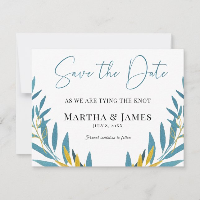 Minimalistisch Blue Botanic Save the Date Card RSVP Karte (Vorderseite)