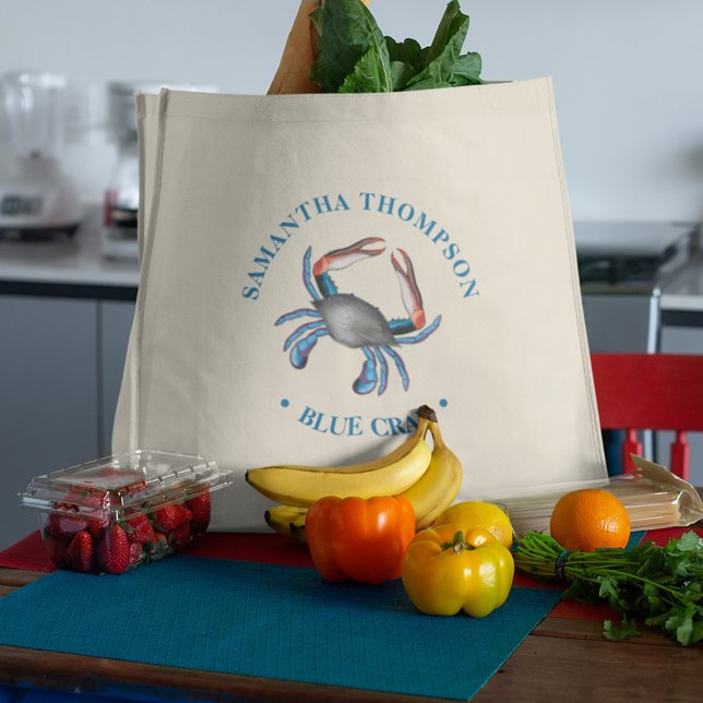 Minimalistisch Blue Crab Simple Nautical Blue Crab Tragetasche (Personalized Blue Crab Coastal Seafood Market Grocery Tote)