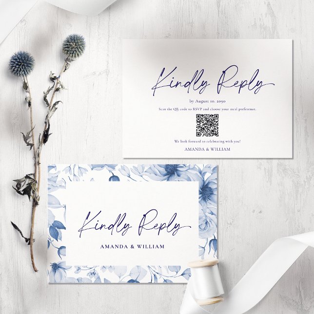 Minimalistisch Blue Floral RSVP Card - QR Code Begleitkarte (Von Creator hochgeladen)