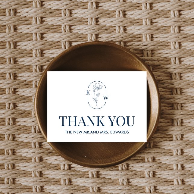 Minimalistisch Blue Floral Wedding Dankeskarte (Blue Minimalist Floral Wedding Thank you Card)