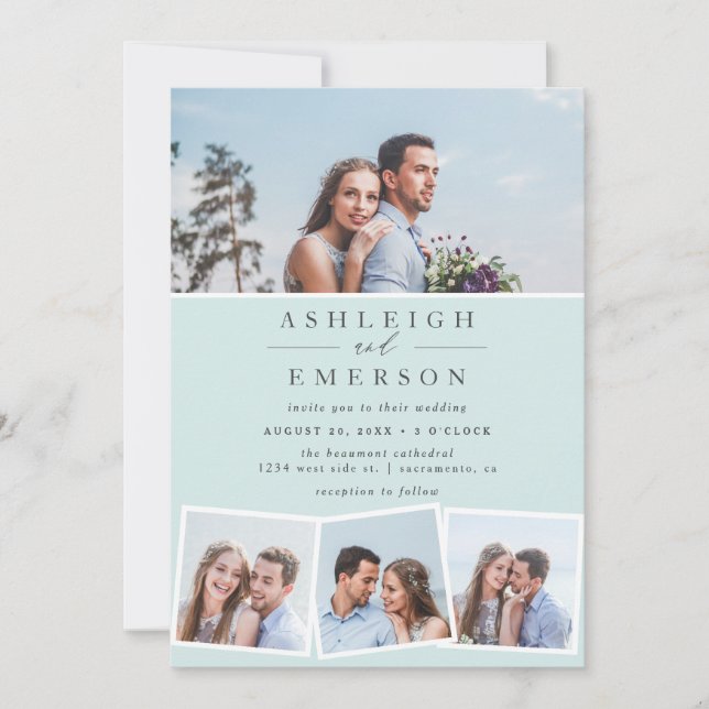 Minimalistisch Blue Foto Collage Wedding Einladung (Vorderseite)
