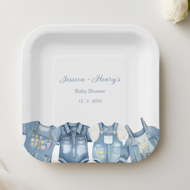 Minimalistisch Blue Jean Baby Shower Denim Pappteller (Von Creator hochgeladen)