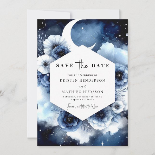 Minimalistisch Blue Moonlit Wedding Save The Date (Vorderseite)