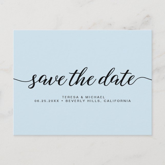Minimalistisch Blue Verlobung Save the Date Skript Postkarte (Vorderseite)