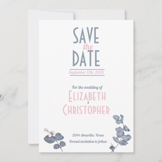 Minimalistisch Blush Blue Pink Blumenzehen Save The Date (Vorderseite)