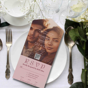 Minimalistisch Blush Pink BurgundyText Foto QR Cod All In One Einladung