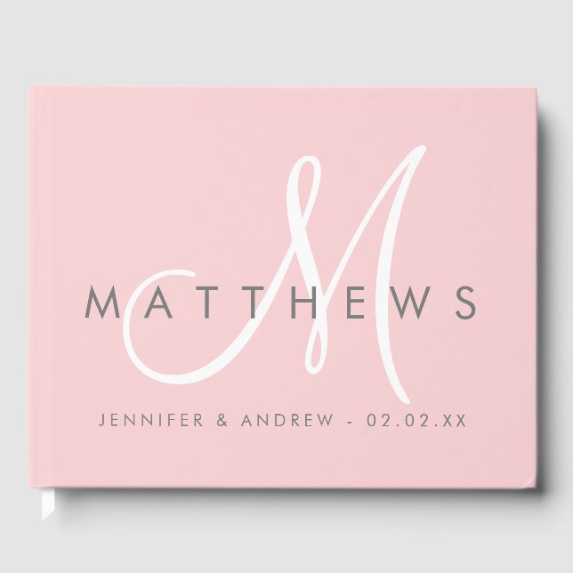Minimalistisch Blush Pink Gray Moderne Monogramm H Gästebuch (Vorderseite)