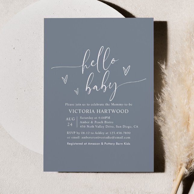 Minimalistisch Boho Blue Hello Baby Dusche Einladung (Von Creator hochgeladen)