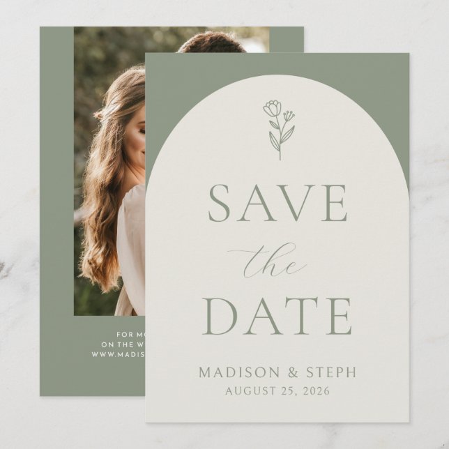 Minimalistisch Boho Botanical Sage Green Wedding Save The Date (Vorne/Hinten)