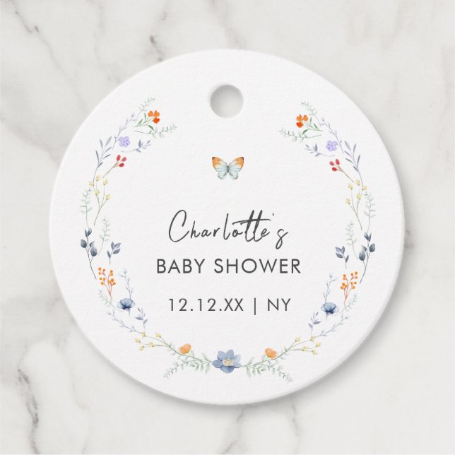 Minimalistisch Boho Butterfly Wildblume Babydusche Geschenkanhänger (Vorderseite)