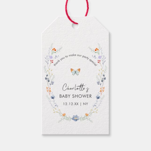 Minimalistisch Boho Butterfly Wildblume Babydusche Geschenkanhänger (Vorderseite)